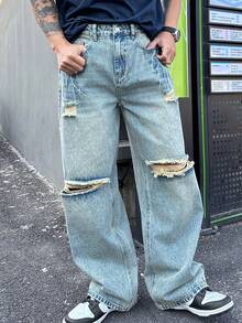 DAZY Quần jeans denim rách, bạc màu dành cho nam, thích hợp cho mùa xuân/hè. - Màu xanh lam - Xem 5