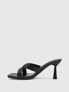 CUCCOO BIZCHIC 黑色交叉绑带方头坡跟凉拖鞋，简约优雅百搭通勤鞋 - 黑色 - 查看 10