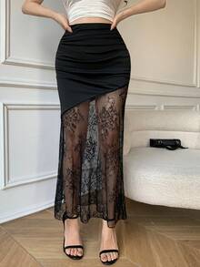 Celisse 女士纯色高腰褶皱撞色蕾丝鱼尾下摆优雅半身裙 - 黑色 - 查看 4