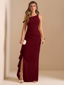 SHEIN BAE Autumn/Winter Bridesmaid Dress, Party Oblique Shoulder Twist Knot Strapless Sexy Pleated High Slit Ruffle Wrap Long Dress, Elegant Ruffle Hem Maxi Oblique Shoulder Dress For Women - Burgundy - View 5