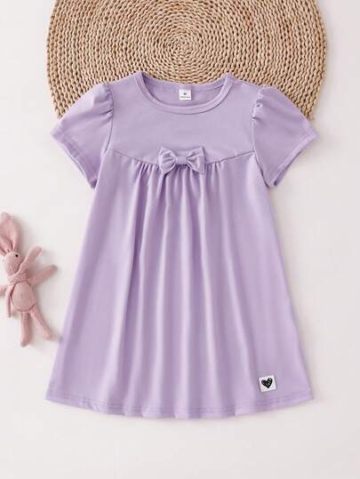 Mädchen lila Schleife Dekor Kurzarm Kleid, modische Nachtwäsche & Loungewear