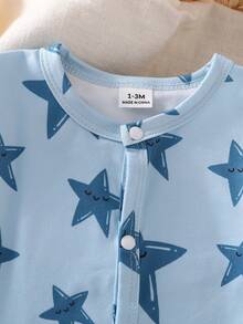 Newborn Baby Blue Star Print Long Sleeve Jumpsuit Romper Pajamas - Blue - View 6