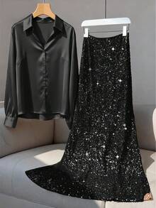 Franclia 大码女士优雅缎面V领长袖衬衫和亮片修身长裙两件套，适合休闲、通勤、度假、下午茶、圣诞派对等场合。 - 黑色 - 查看 1