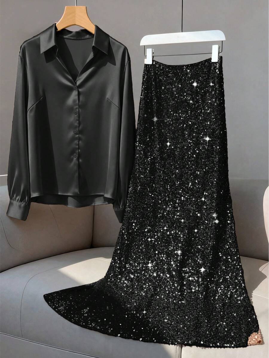 Franclia 大码女士优雅缎面V领长袖衬衫和亮片修身长裙两件套，适合休闲、通勤、度假、下午茶、圣诞派对等场合。 - 黑色 - 查看 1