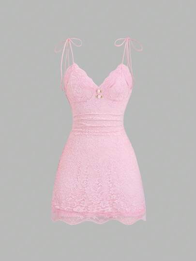 Sweetra Elegant, Romantic, Ladylike, Cute, Retro, Sexy, Vacation, Date, Party, Shopping, Home Floral Lace V-Neck Waist Tie Backless Camisole Dress, Pink, Spring/Summer/Autumn