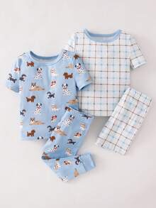 SHEIN GraphicGems Bộ đồ ngủ 4 món ôm sát cho bé trai, áo tay ngắn in hình chó hoạt hình dễ thương và quần dài, áo tay ngắn in họa tiết kẻ caro và quần short, bộ đồ ngủ. - Nhiều màu - Xem 7