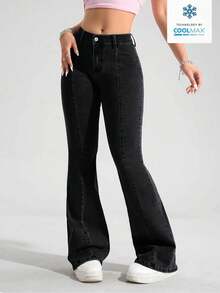 SHEIN PETITE Quần jean denim nữ màu trơn dáng ôm, cạp trung bình, kiểu dáng thường ngày. - màu đen - Xem 5