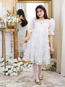 SHEIN 少女3D立体花朵圆领泡泡袖A字连衣裙，小公主裙，婚礼季礼服，花童礼服，白色连衣裙 - 白色 - 查看 7