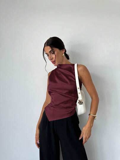 Firerie Kadınlar için Minimalist Şık Moda Ofis Beyaz Kolsuz Pileli Yaka Sivri Uçlu Saten Bluz