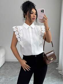 Elenzga Áo kiểu nữ dáng tiêu chuẩn mùa xuân/hè, phối ren, họa tiết hoa 3D, thanh lịch. - trắng - Xem 6