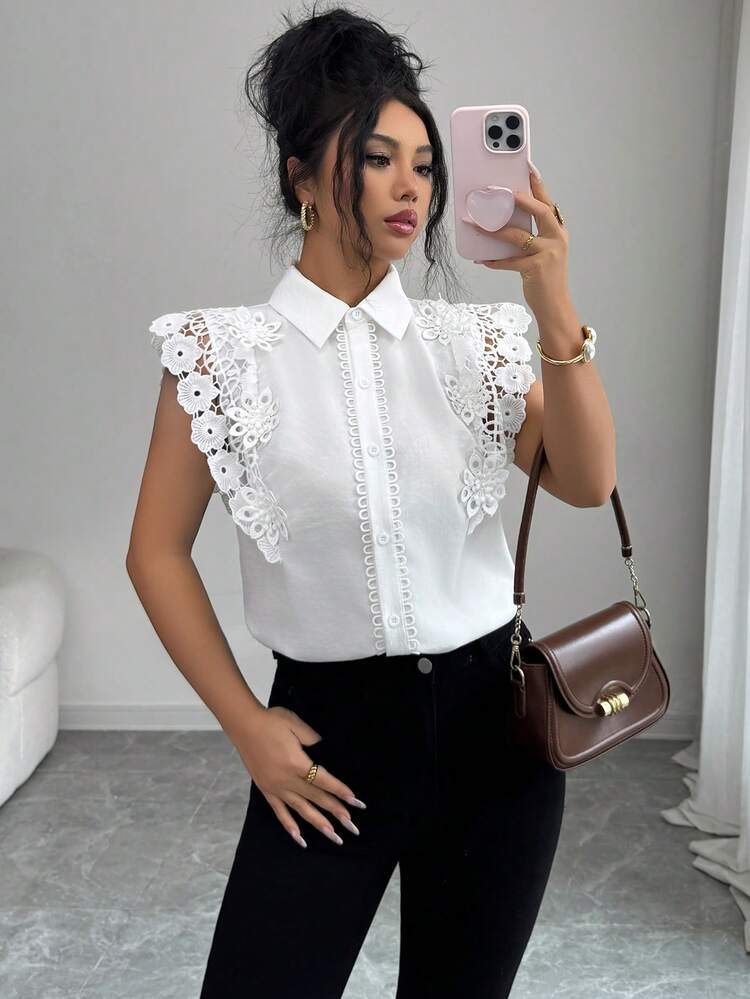 Elenzga Áo kiểu nữ dáng tiêu chuẩn mùa xuân/hè, phối ren, họa tiết hoa 3D, thanh lịch. - trắng - Xem 6