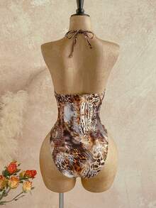 Soleia 女士性感露背系带动物纹连体泳衣，沙滩度假风 - 彩色 - 查看 2