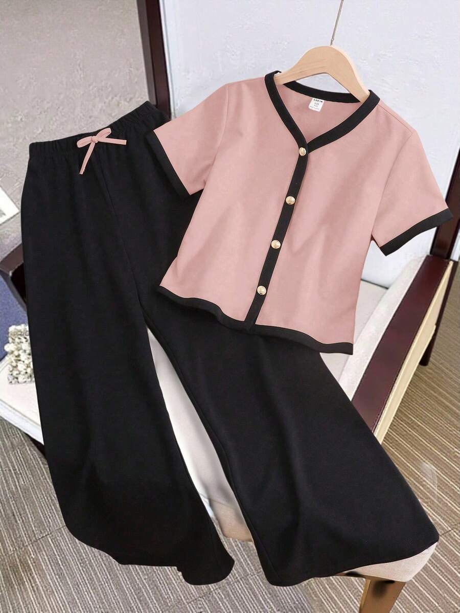SHEIN 2pcs Tween Girl Contrast Color V-Neck Short Sleeve Shirt And Casual Pants Set - Pink - View 1