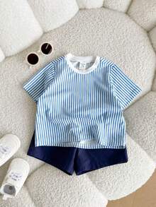 男婴可爱休闲条纹短袖T恤短裤套装（2件套），藏蓝色 - 彩色 - 查看 6