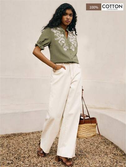 Poéselle Damblus med kort ärm och blommig broderi, sommar, i avslappnad semesterstil för dam,