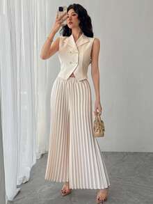 DAZY 女士休闲纯色西装领背心和阔腿裤两件套，夏季 - 杏色 - 查看 4