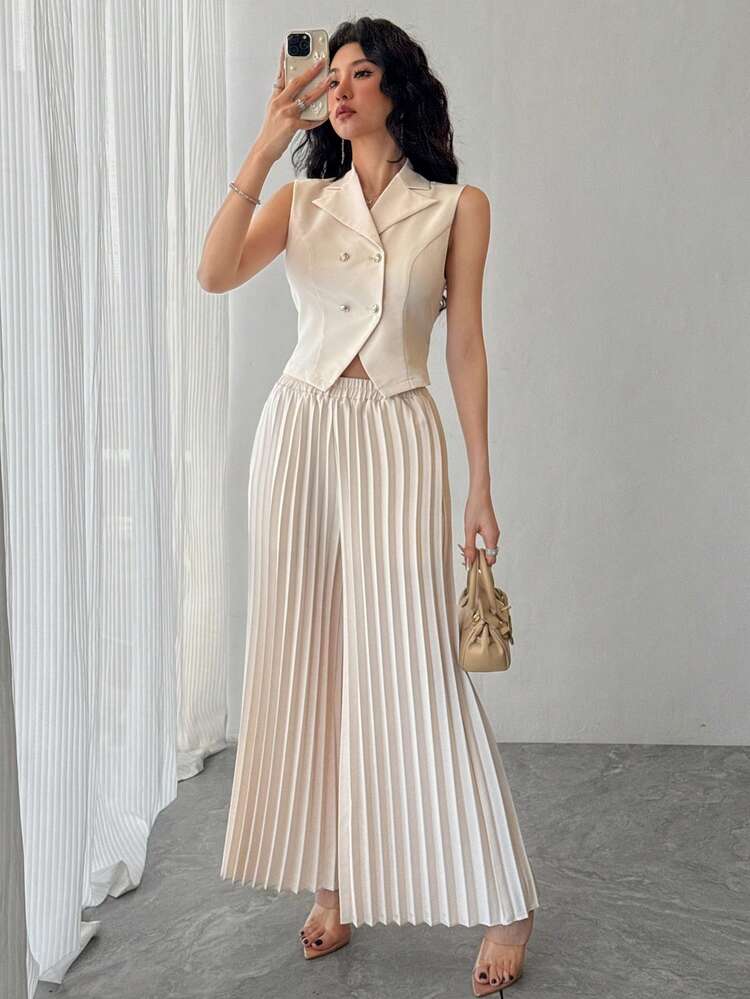 DAZY Women's Casual Plain Suit Collar Vest & Wide Leg Pants 2 Pieces Set, Summer,Women Lounge Sets For Women - Apricot - View 4