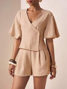 Zivah 2026春夏新款音乐节、复活节、圣帕特里克节、情人节、约会、西部风、游牧风、生日派对、毕业典礼、大学、学生、日常穿着、百搭基础款、休闲、度假、邮轮旅行、海滩、日光浴、热门单品、街头风、婚礼宾客波西米亚风、通勤、早午餐、机场、派对、假日郊游、办公室穿着 V领泡泡袖短袖上衣和带口袋直筒亚麻杏色两件套 - 杏色 - 查看 3