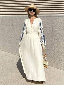 Livesso Women's Raglan Sleeve Printed Waist Cinched Midi Dress, Suitable For Summer Vacation - Beige - View 3