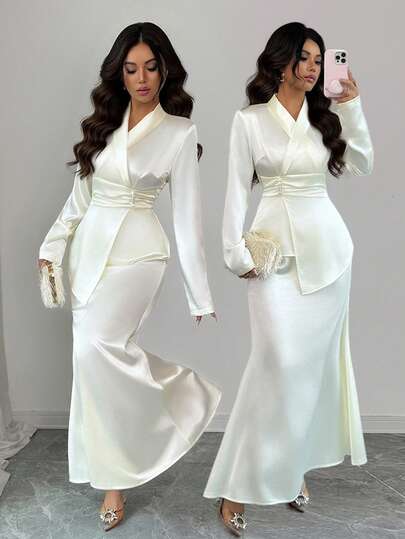 SHEIN Raffinéa 女士优雅修身裹身连衣裙，纽扣装饰，收腰设计，显瘦身形，适合外出和约会，春夏款