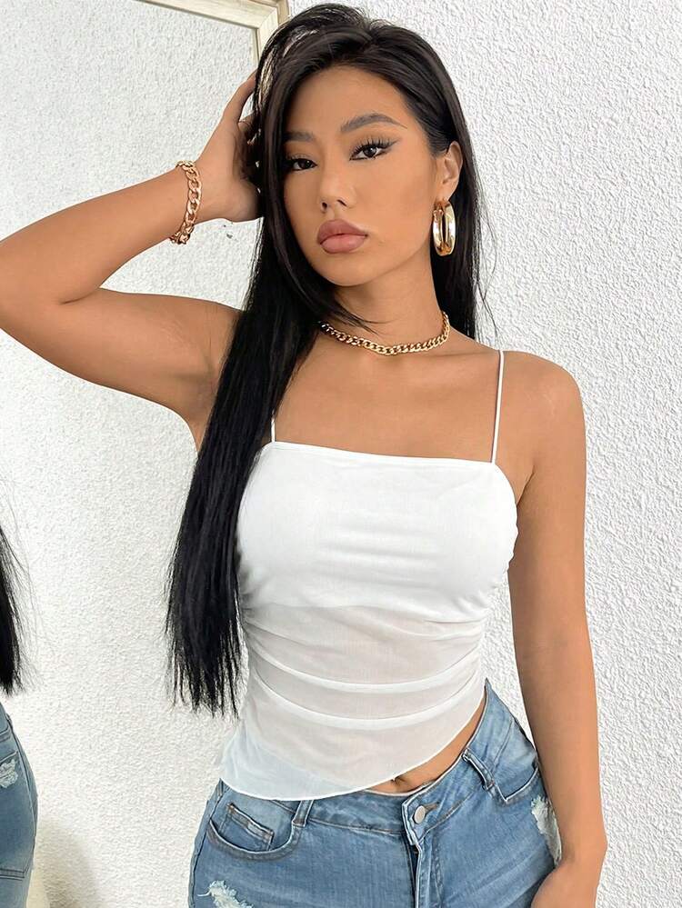 Glamine Camiseta de tirantes finos de unicolor con pliegues, versátil y ajustada - Blanco - Añade 5