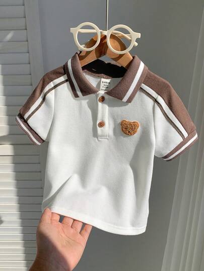 SHEIN Baby Boy Baby Boy Cute Bear Print Short Sleeve Polo Shirt, Spring/Summer Baby Boy Clothes, Short Sleeve Top