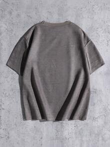Mirajuku 1pc Teenage Boys Suede-Like Fabric Crew Neck T-Shirt,Korean Style Minimalist Black Summer Street Life Casual Graphic Street Fashion Versatile Top - Grey - View 2