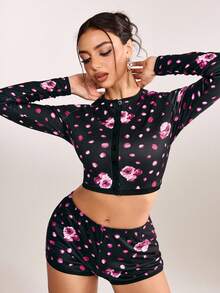 plantica 2pcs Casual Sexy Urban Chic Floral Print Velvet Crop Top And Shorts Set, Suitable For Outings, Travel, Dates, Parties, Festivals, Valentine's Day, Spring/Summer,Going Out,Sexy, Elegant,, Wedding Guest, Music Festival, Musician, Night Club - Multicolor - View 6