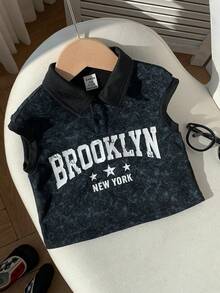 SHEIN 婴儿/男婴休闲时尚黑色扎染无袖针织polo衫，婴儿短袖上衣 - 黑色 - 查看 8