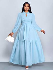 SOLERSUN 大码女装纯色宽松休闲立领前开衩水滴扣高端设计长袖腰带修身A字长裙，优雅舒适休闲时尚通勤气质连衣裙，新款，日常穿着，新年、秋季、冬季、约会、圣诞节，女装 - 淺藍色 - 查看 1