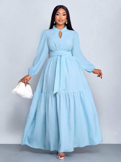 SOLERSUN 大码女装纯色宽松休闲立领前开衩水滴扣高端设计长袖腰带修身A字长裙，优雅舒适休闲时尚通勤气质连衣裙，新款，日常穿着，新年、秋季、冬季、约会、圣诞节，女装