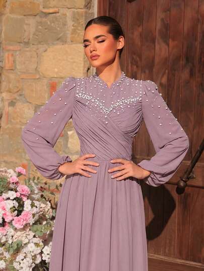 Aureia Elegant Purple Mandarin Collar Ruched Lantern Sleeve Handmade Beaded Maxi Dress, Flattering Silhouette, Suitable For All Formal Occasions, Conservative Yet Novel Design, Luxurious Evening Gown For Wedding Guests, Formal Party, Middle Eastern Formal Wear
