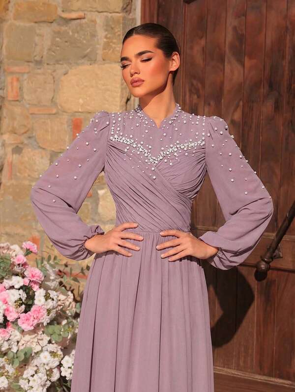 Aureia Elegant Purple Mandarin Collar Ruched Lantern Sleeve Handmade Beaded Maxi Dress, Flattering Silhouette, Suitable For All Formal Occasions, Conservative Yet Novel Design, Luxurious Evening Gown For Wedding Guests, Formal Party, Middle Eastern Formal Wear