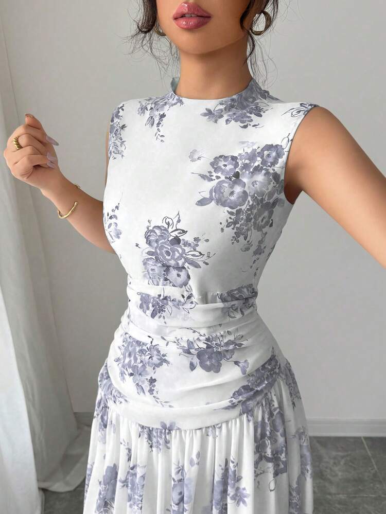 Modelyn 女士优雅印花褶皱腰部无袖休闲连衣裙 - 淺灰紫 - 查看 6