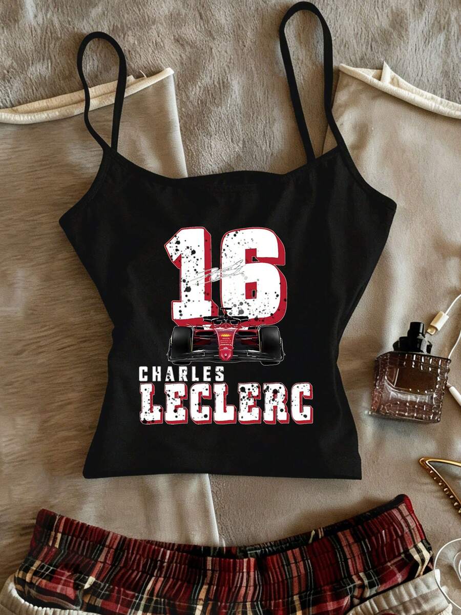 Glimmora Áo thun cổ tròn tay ngắn lấy cảm hứng từ Leclerc, Thiết kế dây đeo màu tương phản dành cho nữ, Thoải mái thường ngày, Quà tặng cho người đam mê đua xe, Thích hợp mặc ngoài trời vào mùa xuân và mùa hè - màu đen - Xem 1