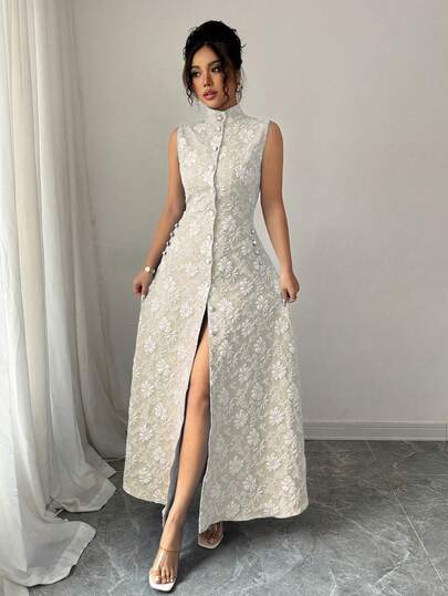 Elenzga Women's Fashionable Elegant Jacquard Single-Breasted Sleeveless Dress