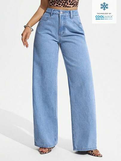 SHEIN PETITE Women's High Waist Pockets Wide Leg Loose Casual Versatile Denim Pants