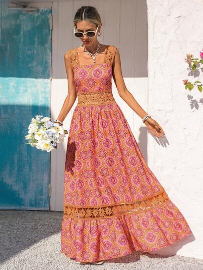 Vivid Eden Vacation Casual Solid Color Patchwork Floral Lace Textured Fabric A-Line Slip Dress For Women