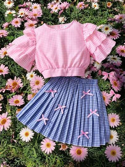 Summer Girls 2-Piece Set, Big Tween Girl Sweet Plaid Skirt Outfit, Layered Cap Sleeve Top + Butterfly Decor Pleated Skirt, Suitable For Picnic, Performance, Family Outing