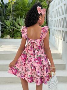 少女碎花束腰V领连衣裙，适合海滩、度假、夏威夷之旅、家庭亲子装、姐妹合照、公园、露营、派对、日常休闲、假日穿着。 - 粉色 - 查看 6