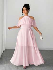 Elenzga Pink Woven Fabric Halter Neck Cold Shoulder Flared Long Dress With Zipper Details - Pink - View 4