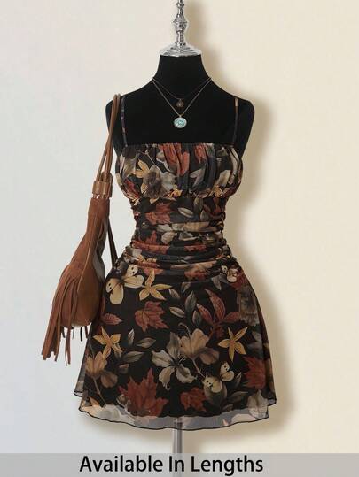 SHEIN PETITE CURVE Plus Size Floral Print Ruched Bodycon Casual Cami Dress  Summer Holiday Outfits  Vacation Dress Fall Dress Autumn Dress Earth Tone Dress Concert Dress Halter Neck Dress For Woman