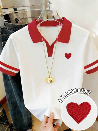 Resyla Camiseta polo de mujer con manga corta y bordado de corazón en color contrastante