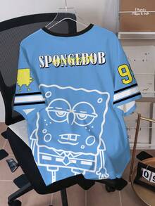 SpongeBob SquarePants | SHEIN Camiseta de manga corta con cuello redondo con estampado de letras y dibujos animados para hombres - Blanco - Ver 2