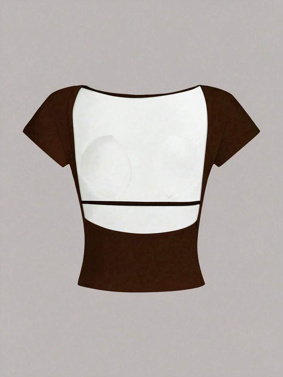 Women's Backless Sexy Crop Top Tee, Suitable For Summer - Coffee Brown - View 1