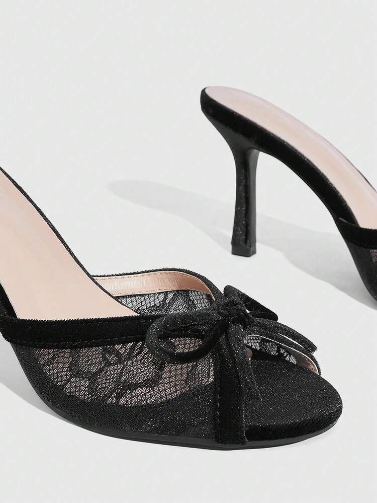 CUCCOO SZL Women Contrast Lace Bow Decor Peep Toe Heeled Sandals Valentine's Day