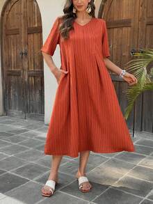 Vivie Lora Damska sukienka plisowana, luźna, teksturowana, średniej długości z dekoltem w serek - Brązowy - Zobacz 6