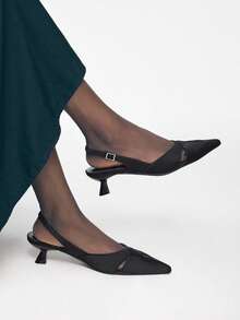 Mnmlis 女士尖头搭扣设计时尚优雅百搭高跟鞋 - 黑色 - 查看 6