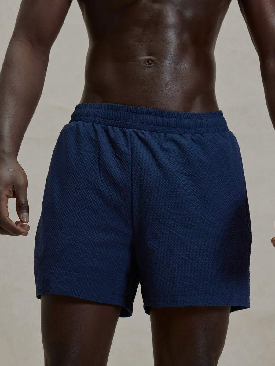 Musero Textured Elasticated Drawstring Waistband Swim Shorts Spring Summer Essentials Swimwear PoolSide Beachy Holiday - Navy Blue - View 1