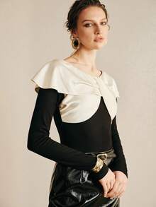 Arave 女士黑色高弹针织修身缎面滚边领口纽扣结设计，优雅约会上衣，情人节女士黑色上衣，春季款 - 黑色 - 查看 7